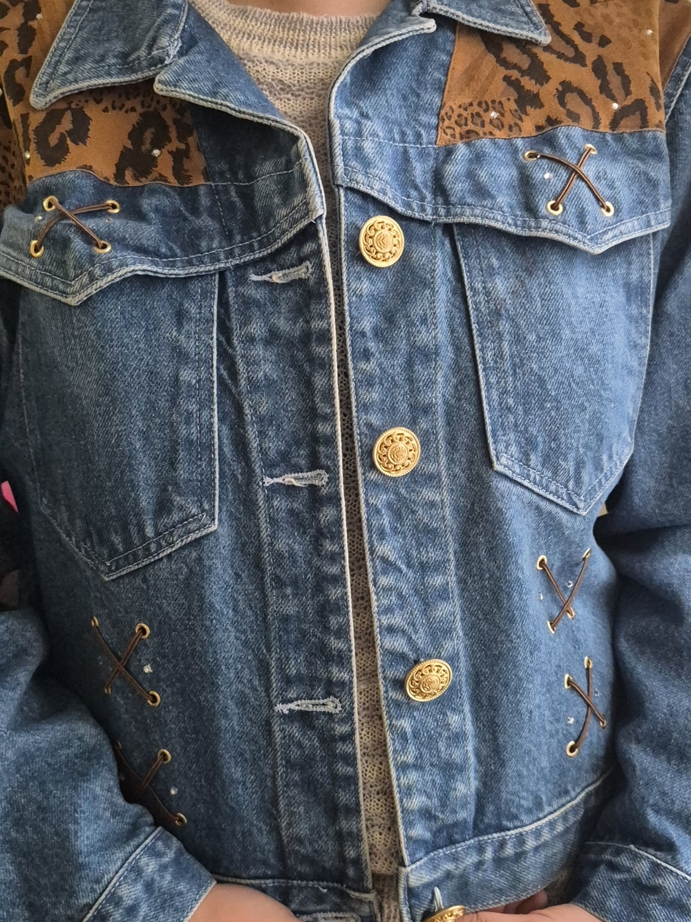80s -90s Blue Denim Jacket with Leopard Suede Accents